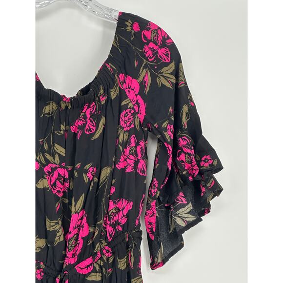 Express Women's Romper Size M Black and Pink Floral Ruffle Sleeve Boho Tie Waist - Picture 3 of 12